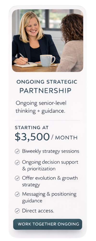 Ongoing Strategic Partnership service card offering biweekly strategy sessions, performance guidance, and direct access to senior-level strategic support.