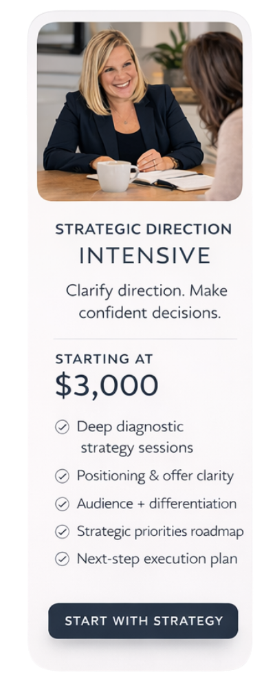 Strategic Direction Intensive service card for founders and business leaders seeking clarity, positioning, and a focused execution plan.