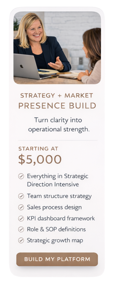 Strategy and Market Presence Build service card for leaders who need operational structure including team design, sales process, KPI dashboards, and growth planning.